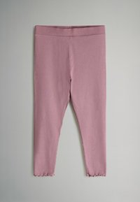 Leggings rosa a coste con una texture liscia, una cintura elastica e bordi scallopati alla caviglia.