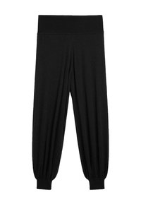 Schwarze gestrickte Jogginghosen mit breitem, geripptem Bund und elastischen Bündchen an den Knöcheln.