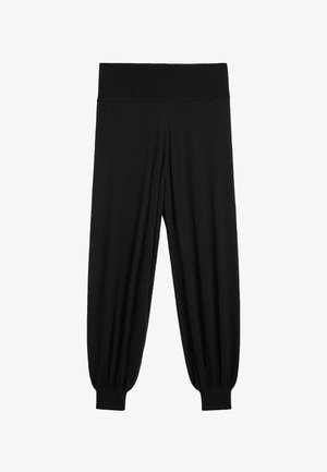 Pantaloni jogger neri in maglia con ampia fascia a coste in vita e polsini elasticizzati alle caviglie.
