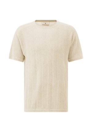 Beige Kurzarmhemd aus geribbeltem Stoff mit rundem Ausschnitt und lockerer Passform. Discretes Markenlabel im Nacken.