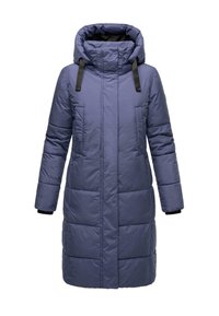 Long hooded puffer coat in dark blue. Features quilted pattern, two front pockets, and black accents at hood and cuffs. Waterproof material.