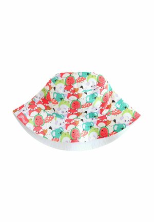 Kleurige bucket hat gemaakt van stof met een speels patroon van fruit en dieren, met een brede rand en een zacht, flexibel ontwerp.