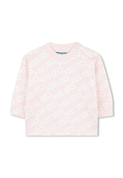 Lichtroze sweatshirt met witte "KENZO" logo-opdruk. Beschikt over een geribbelde ronde hals en korte pofmouwen. Gladde textuur, casual ontwerp.