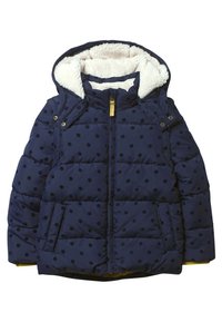 Navy puffer jacket with white faux fur lining, polka dot pattern, front zipper, side pockets, and a detachable hood. Accented with gold hardware.
