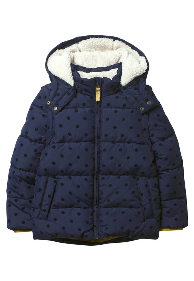 Navy puffer jacket with white faux fur lining, polka dot pattern, front zipper, side pockets, and a detachable hood. Accented with gold hardware.