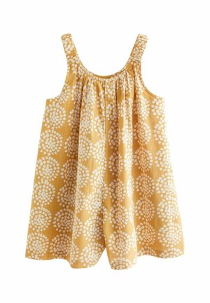 Robe sans manches jaune moutarde avec larges bretelles, ornée de motifs floraux circulaires blancs et dotée d'un col froncé.