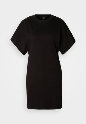 Sort t-shirt kjole med korte ærmer, rund halsudskæring, lavet af blødt bomuldsstof. Enkelt design, ingen synlige mønstre eller detaljer.