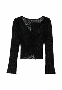 Schwarzes Spitzenoberteil mit langen Ärmeln, tiefem V-Ausschnitt und figurbetontem Design. Zarter Blumenmuster über das gesamte Oberteil, strukturierte Oberfläche mit transparenten Details.