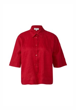 Rode linnen shirt met een kraag, korte mouwen en een knoopsluiting aan de voorkant. Heeft een ontspannen pasvorm en een subtiele textuur.