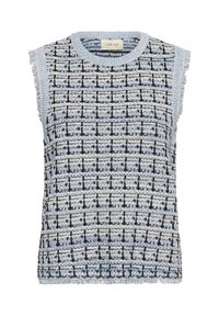 Haut sans manches en textile tissé bleu clair et noir. Il présente un motif texturé et des franges le long des manches et de l'ourlet.