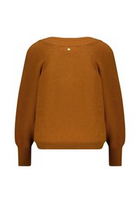 Pull en orange brûlé, encolure ronde, manches longues, poignets et ourlet côtelés, avec un petit accent doré au dos. Texture douce.
