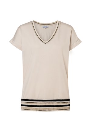 V-neck t-shirt in light beige fabric with short sleeves, featuring a textured collar and a horizontal striped hem in black and gold.