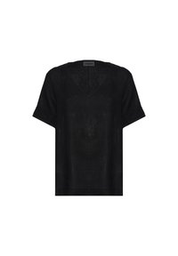 Top corto nero in lino a maniche corte con scollo a V. Presenta una vestibilità rilassata e una texture morbida. Semplice, senza motivi visibili o decorazioni.