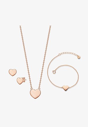 Roosakulla ehtesari, mis sisaldab südame ripatsi kaelakeed, vastavat käevõru ja läikiva pinnaga kõrvarõngaid.