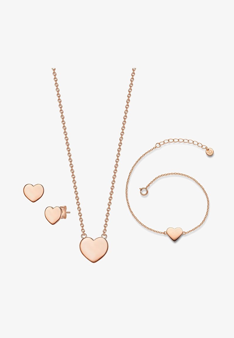 Roséguld smyckeset med ett hjärtformad hängsmycke, matchande armband och stiftörhängen med släta, polerade ytor.
