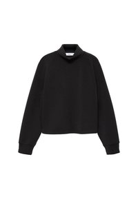Sweatshirt court noir avec un col montant, des manches raglan et des poignets côtelés. Texture de tissu douce avec une finition lisse.