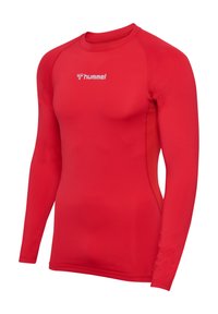 Rode sportieve shirt met lange mouwen, gemaakt van glad, lichtgewicht stof. Heeft een ronde halslijn en logo-opdruk op de borst.