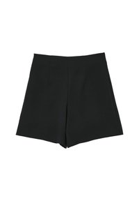 Schwarze Shorts aus glattem Stoff, mit maßgeschneidertem Design, zwei Vorderfalten und geradem Schnitt, mit einem sauberen Finish.