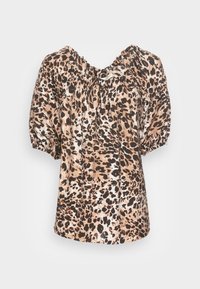Blusa de estampado de leopardo com decote franzido, mangas curtas bufantes e corte relaxado. Feita de tecido leve em tons de bege e castanho.