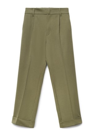 Pantaloni dritti verde oliva con passanti per cintura, pieghe frontali e orli ripiegati, mostrati distesi su sfondo bianco.