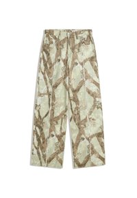 Svijetlozelene ravne hlače s smešnim uzorkom grane drveta i lišća, prednjim džepovima i petljama za pojas.