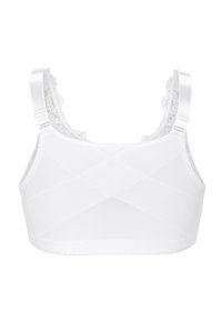 Bralette blanche en tissu lisse et extensible. Présente des bordures en dentelle le long des bretelles et un motif en croix sur le corps.