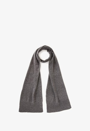 Sciarpa grigia lavorata a maglia con una texture morbida, caratterizzata da una forma rettangolare larga e estremità a coste. Nessun motivo o decorazione presente.