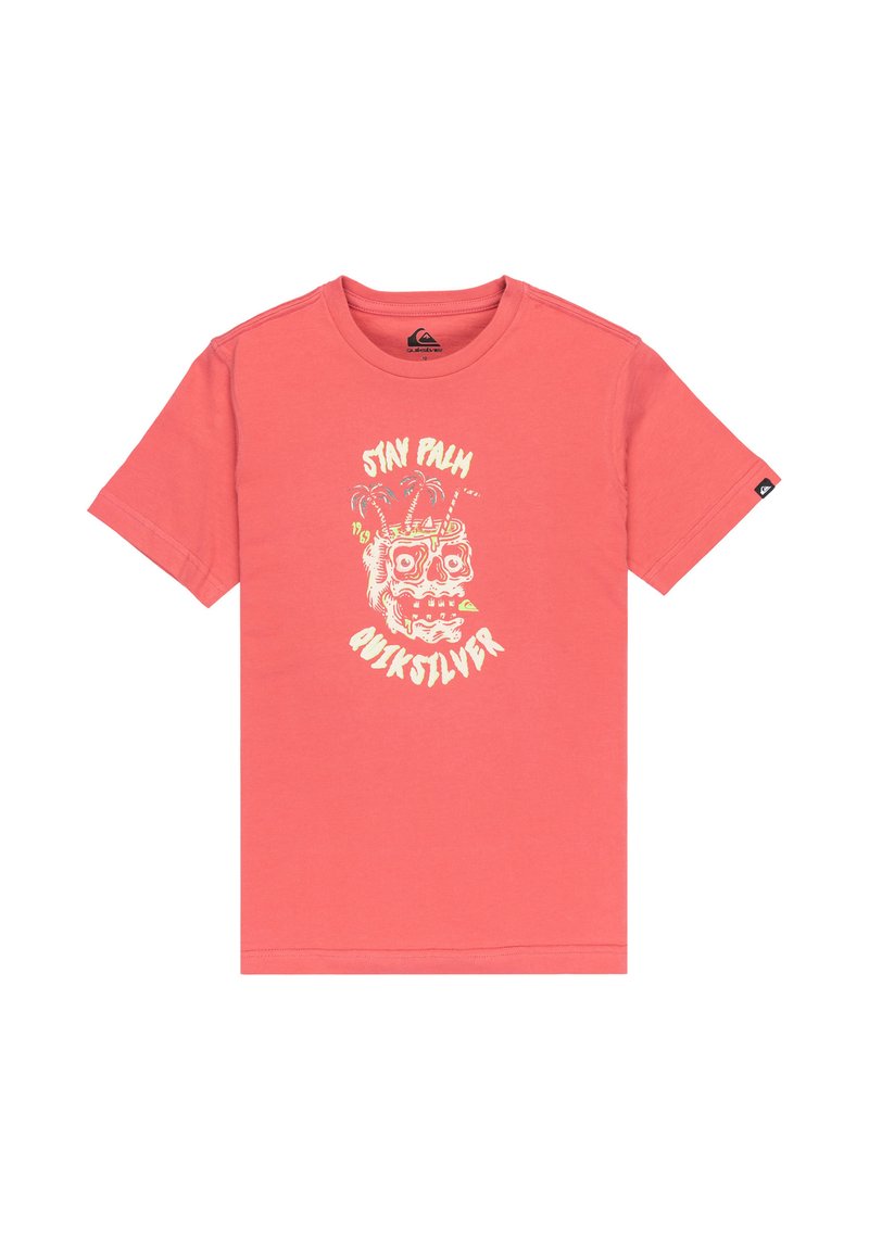 Koral bomuld t-shirt med korte ærmer, der har et grafisk print af et kranium iført en drikkekrone. Teksten lyder "STAY PALM" og "QUIKSILVER."
