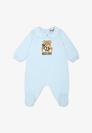 Lichtblauw babypakje met lange mouwen, een kraag en een grafische afbeelding van een teddybeer die een camera vasthoudt. Voorzien van een drukknoopsluiting bij de nek en een voetjesontwerp.