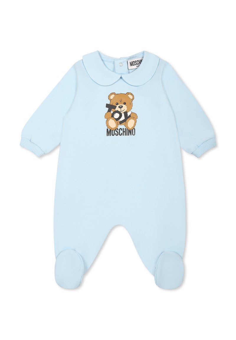 Lichtblauw babypakje met lange mouwen, een kraag en een grafische afbeelding van een teddybeer die een camera vasthoudt. Voorzien van een drukknoopsluiting bij de nek en een voetjesontwerp.