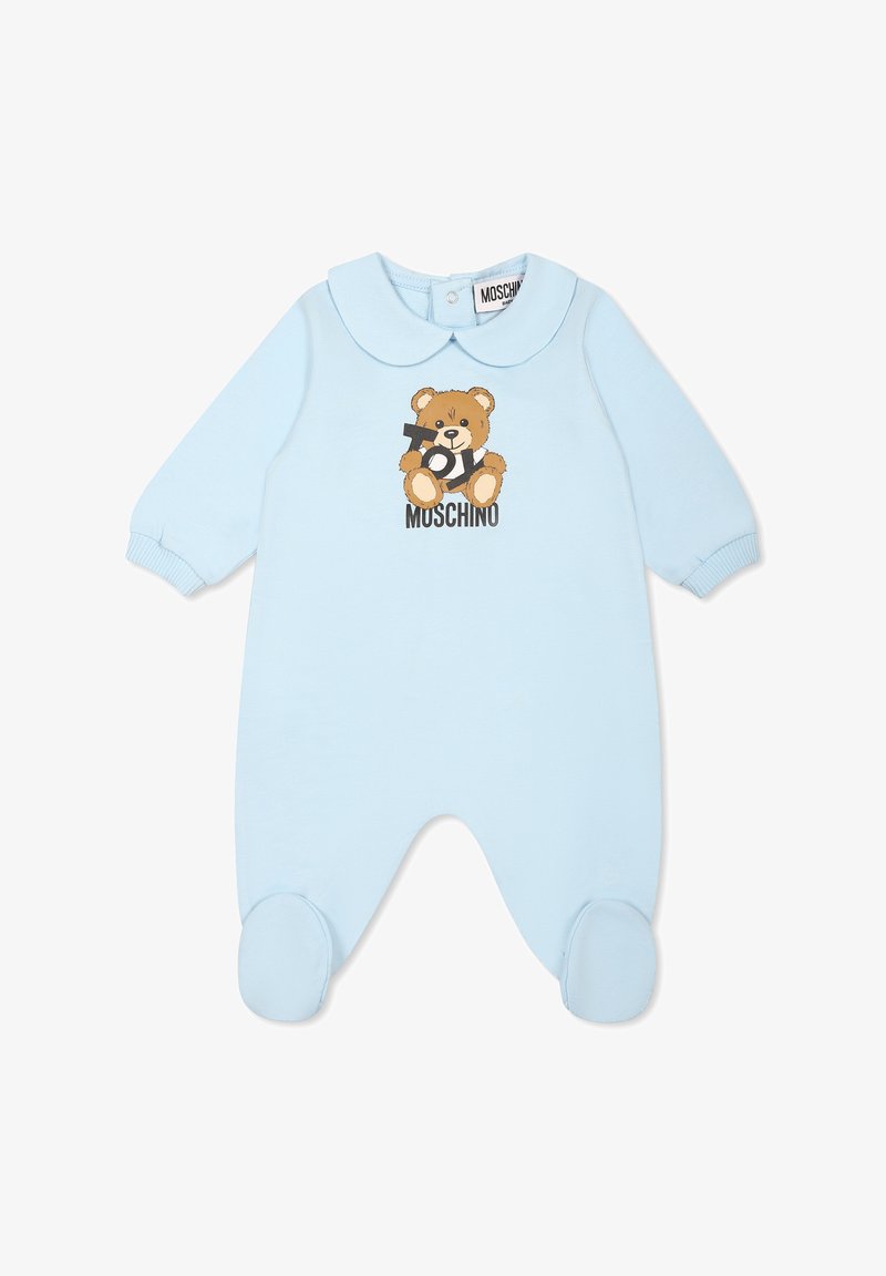 Lichtblauw babypakje met lange mouwen, een kraag en een grafische afbeelding van een teddybeer die een camera vasthoudt. Voorzien van een drukknoopsluiting bij de nek en een voetjesontwerp.