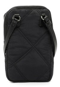 Sac bandoulière noir matelassé en tissu doux, avec une surface texturée, des coutures en diagonale et une bandoulière en cuir réglable.