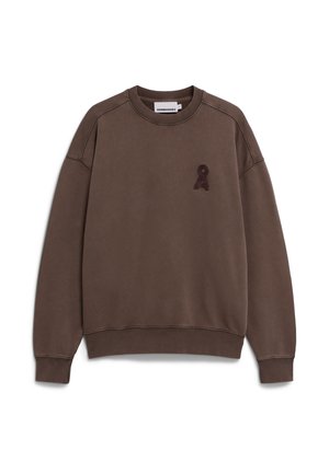 Brauner Sweatshirt mit rundem Halsausschnitt und strukturiertem Patch mit einem Ribbonsdesign auf der linken Brust. Weiches Material mit gerippten Bündchen und Saum.