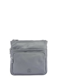 Gray nylon bag with two zippered compartments, smooth texture, and a branded accent "B" on the front. Rectangular shape, compact design.