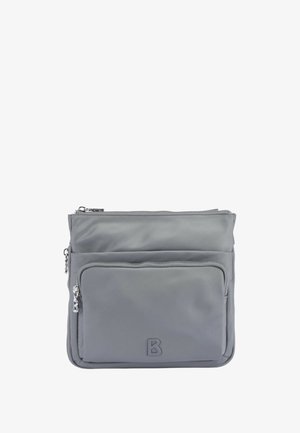 Graue Nylon-Tasche mit zwei Reißverschlussfächern, glatter Textur und einem Markenakzent "B" auf der Vorderseite. Rechteckige Form, kompaktes Design.