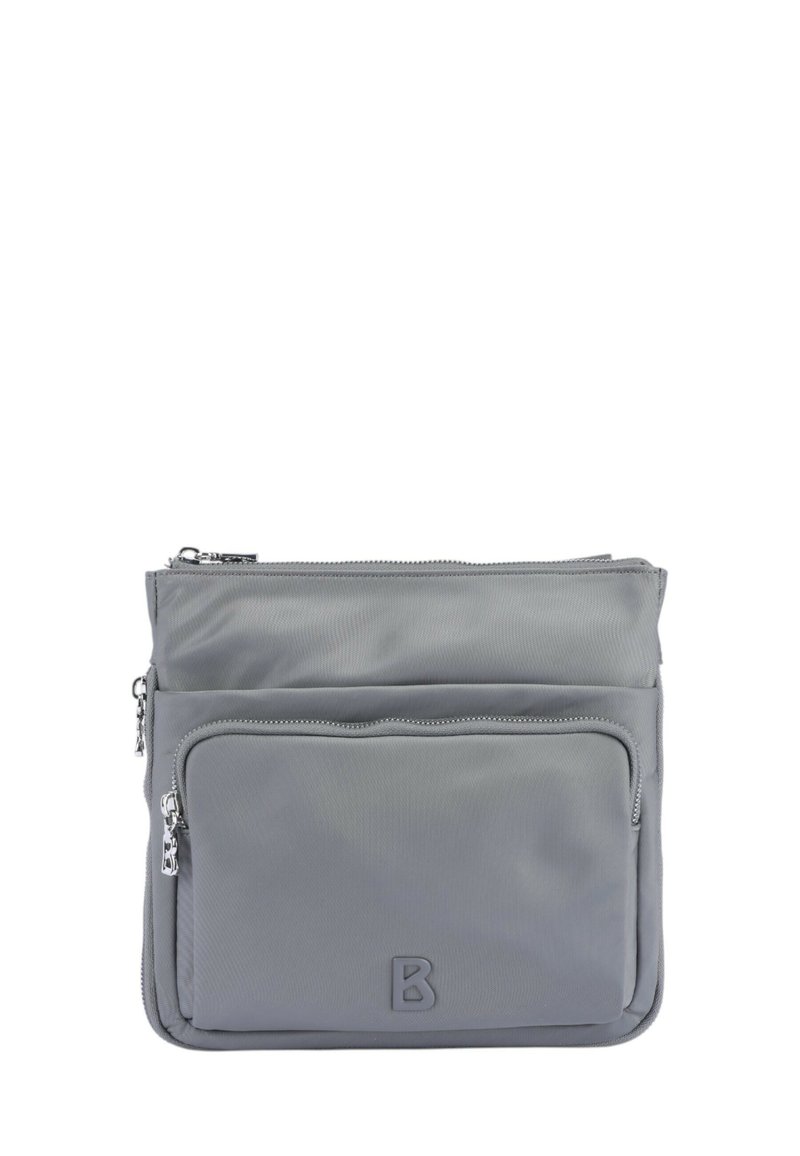 Gray nylon bag with two zippered compartments, smooth texture, and a branded accent "B" on the front. Rectangular shape, compact design.