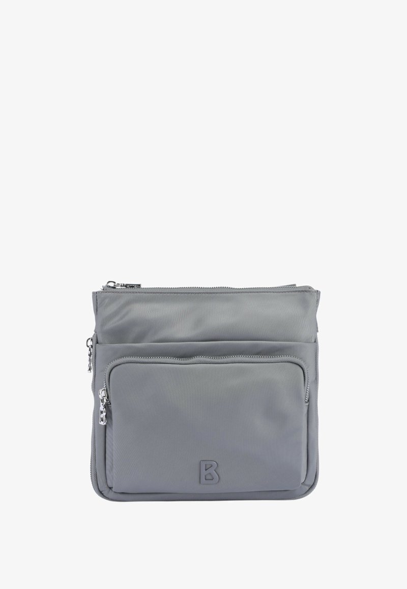Borsa in nylon grigia con due scomparti con zip, texture liscia e un accento marchiato "B" sulla parte anteriore. Forma rettangolare, design compatto.
