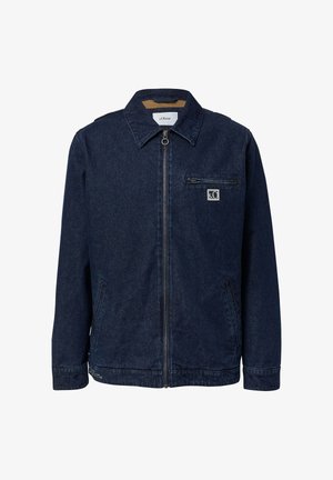 Dark blue denim jacket with a collared neckline, zip front, and two side pockets. Features a chest pocket and brand logo patch.