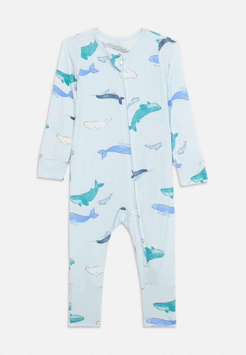 Φωτεινό γαλάζιο ολόσωμο φορμάκι μωρού με μακριά μανίκια, φερμουάρ μπροστά και πολύχρωμες εκτυπώσεις φαλαινών και δελφινιών παντού.