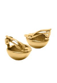 Złote klipsy metalowe o zaokrąglonym, pustym wzorze z teksturowanym wnętrzem i bezpiecznym mechanizmem zapięcia.