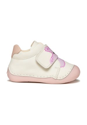 Chaussure blanche pour tout-petit avec semelle et talon roses, dotée d'une lanière rose ornée d'un motif de pieuvre à pois et d'une fermeture à scratch.