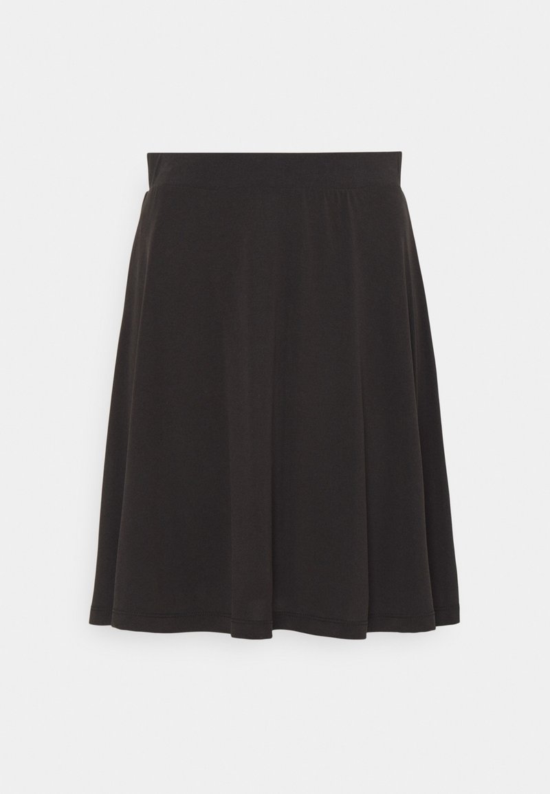 Jupe noire trapèze avec taille élastique, longueur au genou, design uni et tissu doux sur fond blanc.