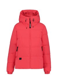 Lys pink polstret jakke med hætte, der har en fuld lynlås foran, lynlåslommer i siderne og elastiske manchetter.