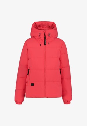 Veste rembourrée rose vif avec capuche, dotée d'un zip frontal complet, de poches latérales zippées et de poignets élastiqués.