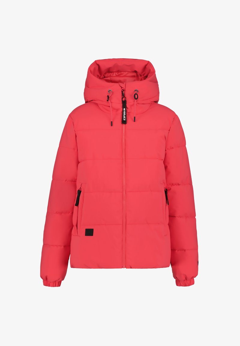 Lys pink polstret jakke med hætte, der har en fuld lynlås foran, lynlåslommer i siderne og elastiske manchetter.