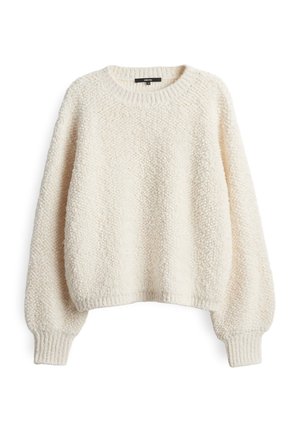 Crème-kleurige trui met een textuur en een fluffy oppervlak. Heeft een ronde hals, lange mouwen en ribgebreide boorden en zoom voor een strakke afwerking.