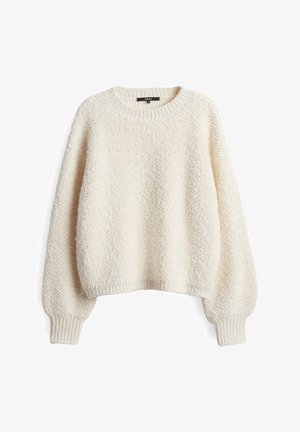 Cremfarbener Pullover mit einer strukturierten, flauschigen Oberfläche. Mit Rundhalsausschnitt, langen Ärmeln sowie gerippten Bündchen und Saum für eine figurbetonte Detail.