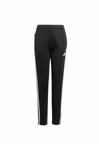 Zwarte sportbroek met witte zijstrepen, elastische tailleband en logo-accenten. Gemaakt van een gladde, rekbare stof voor comfort.