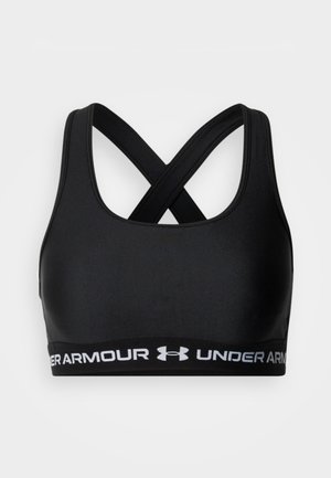 Schwarzer Sport-BH mit überkreuzten Trägern, gefertigt aus glattem Material, mit einem weißen elastischen Band mit Markenlogo am unteren Rand.