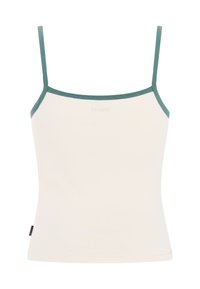 Hvid tanktop med blågrønne stropper, lavet af blødt stof. Har et tætsiddende design og en lille logo nær halsudskæringen.